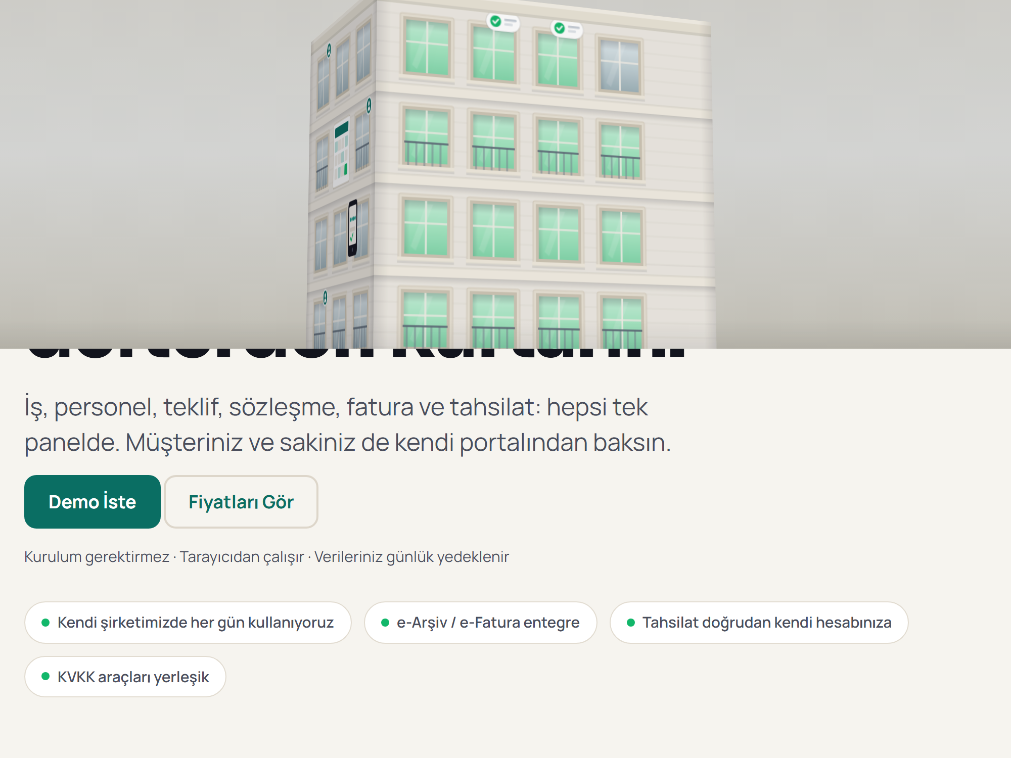 TemizKat yaşayan bina sahnesi: aidatı ödenen dairelerin pencereleri yeşile dönüyor, ödeme bildirimi telefonda beliriyor